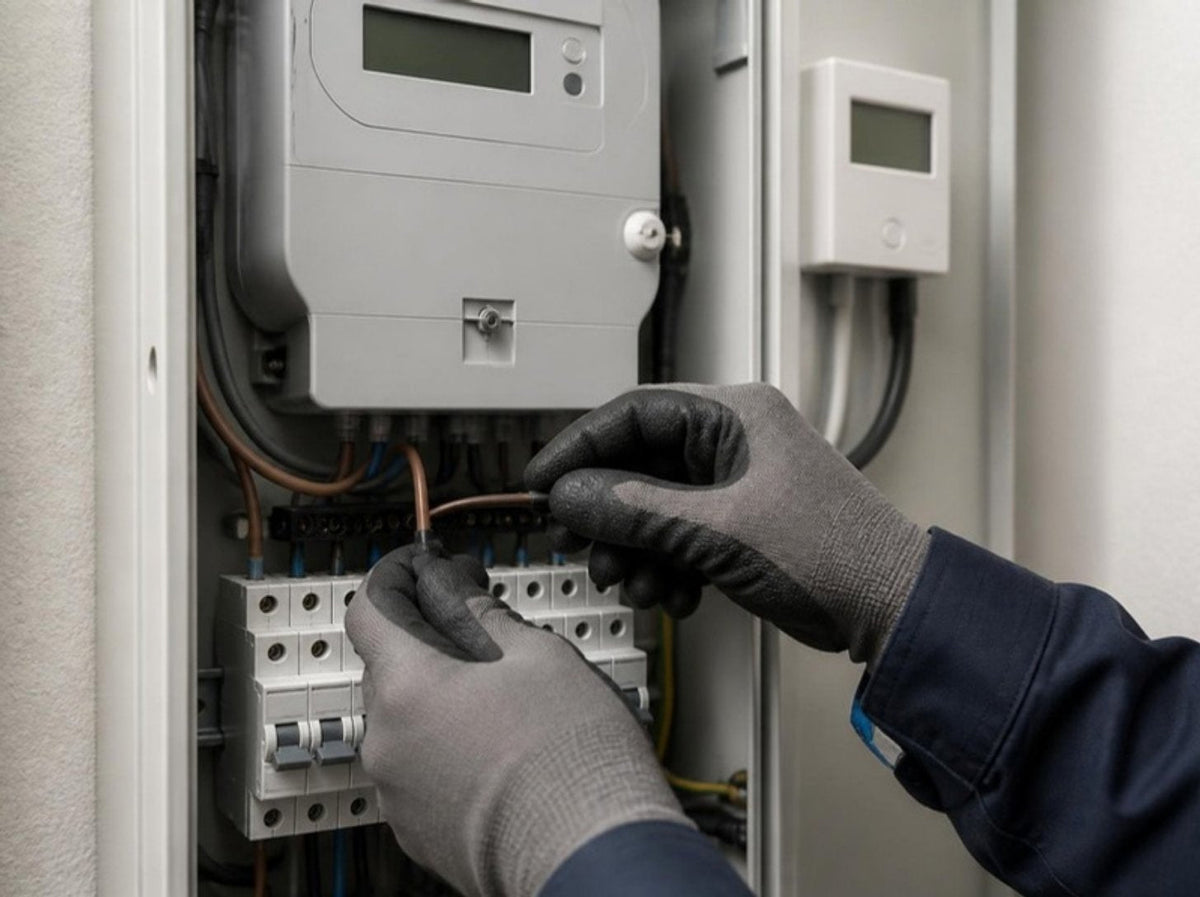 Installateur werkt in een meterkast (illustratie)
