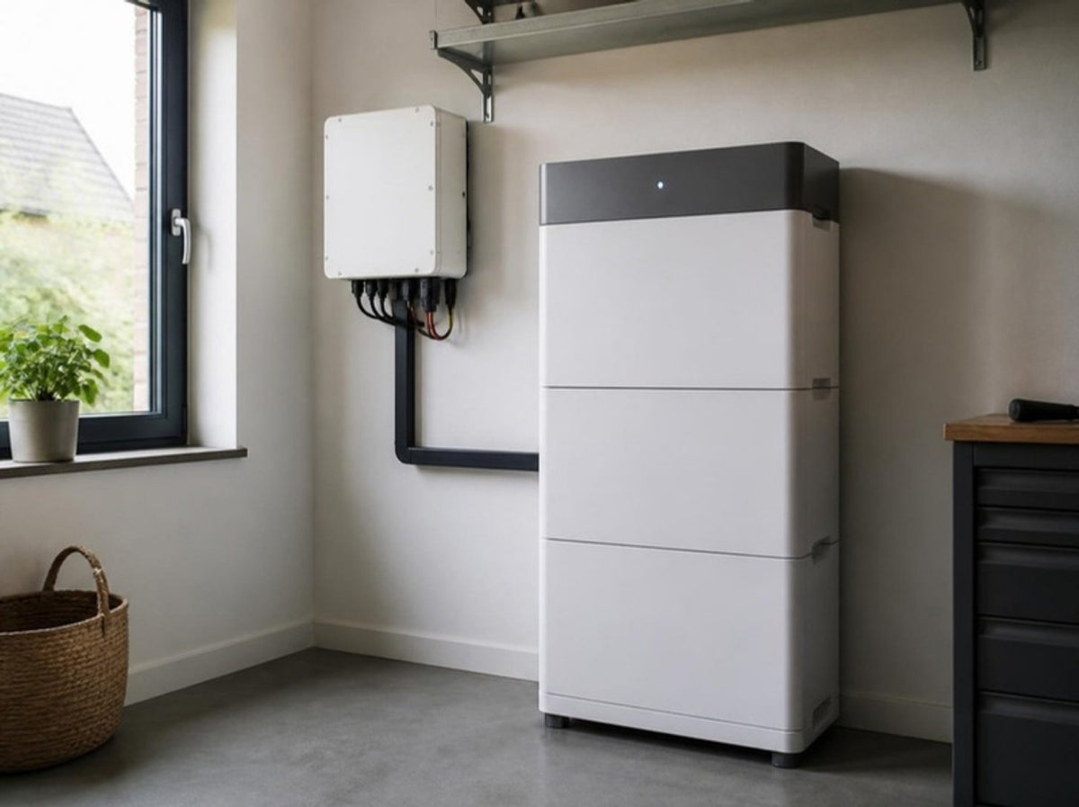 Thuisbatterij met omvormer in een bijkeuken (illustratie)