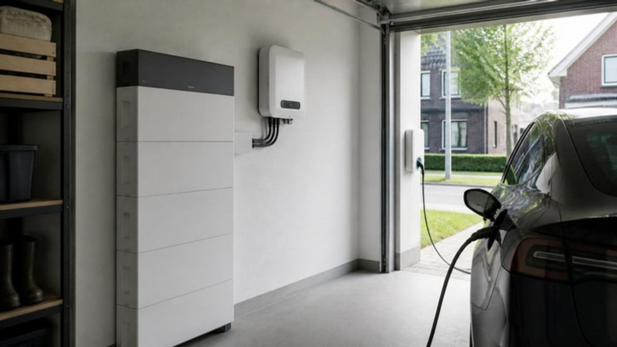 Thuisbatterij in een garage met elektrische auto (illustratie)