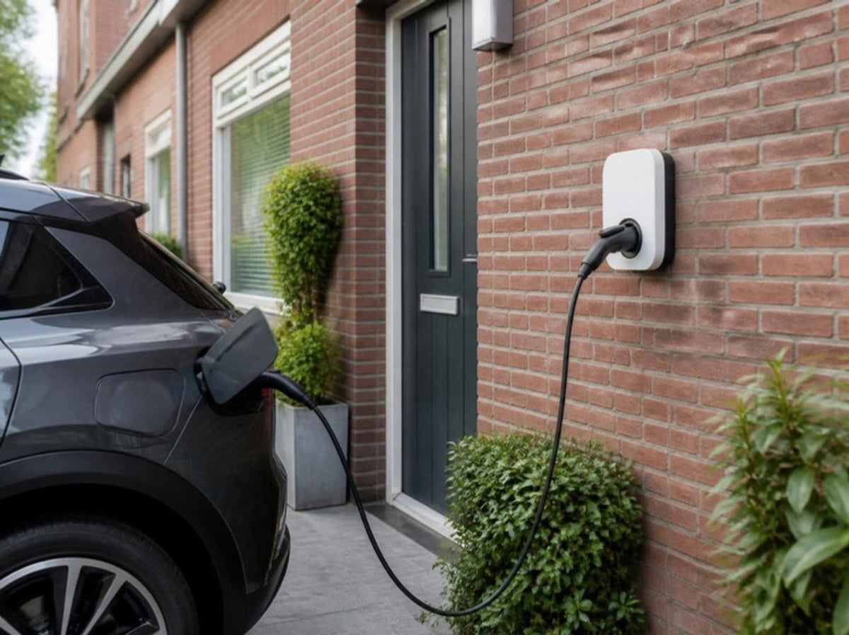Laadpaal aan de gevel met elektrische auto (illustratie)